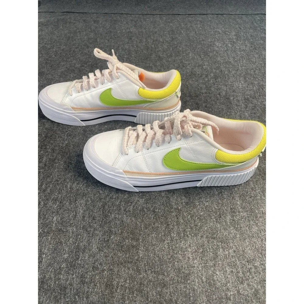 Nike White Sneakers with Lime Green Swoosh and Yellow Collar